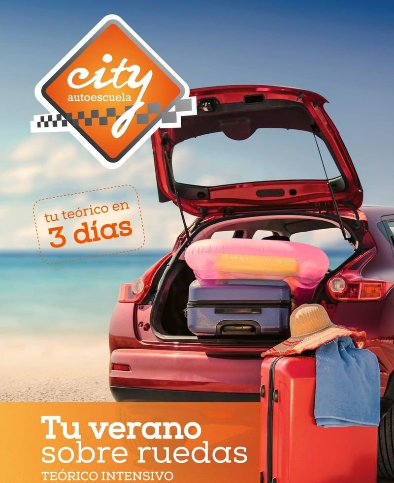Cartel de la promoción de verano de City Autoescuela: teórico intensivo